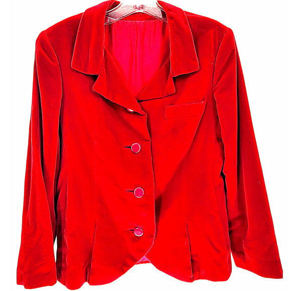 Vintage 70s Amelia Gray Red Velour Fitted Single Breasted Four Button Jacket - Picture 1 of 11